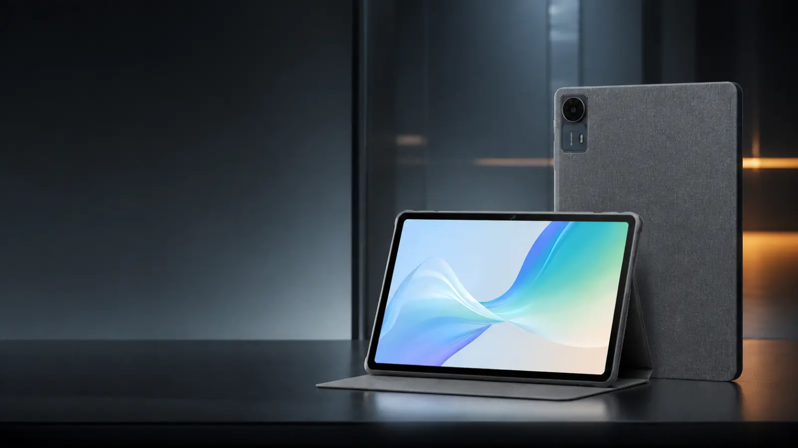 Wintouch A11 Android tablet with folio stand shown from front and rear